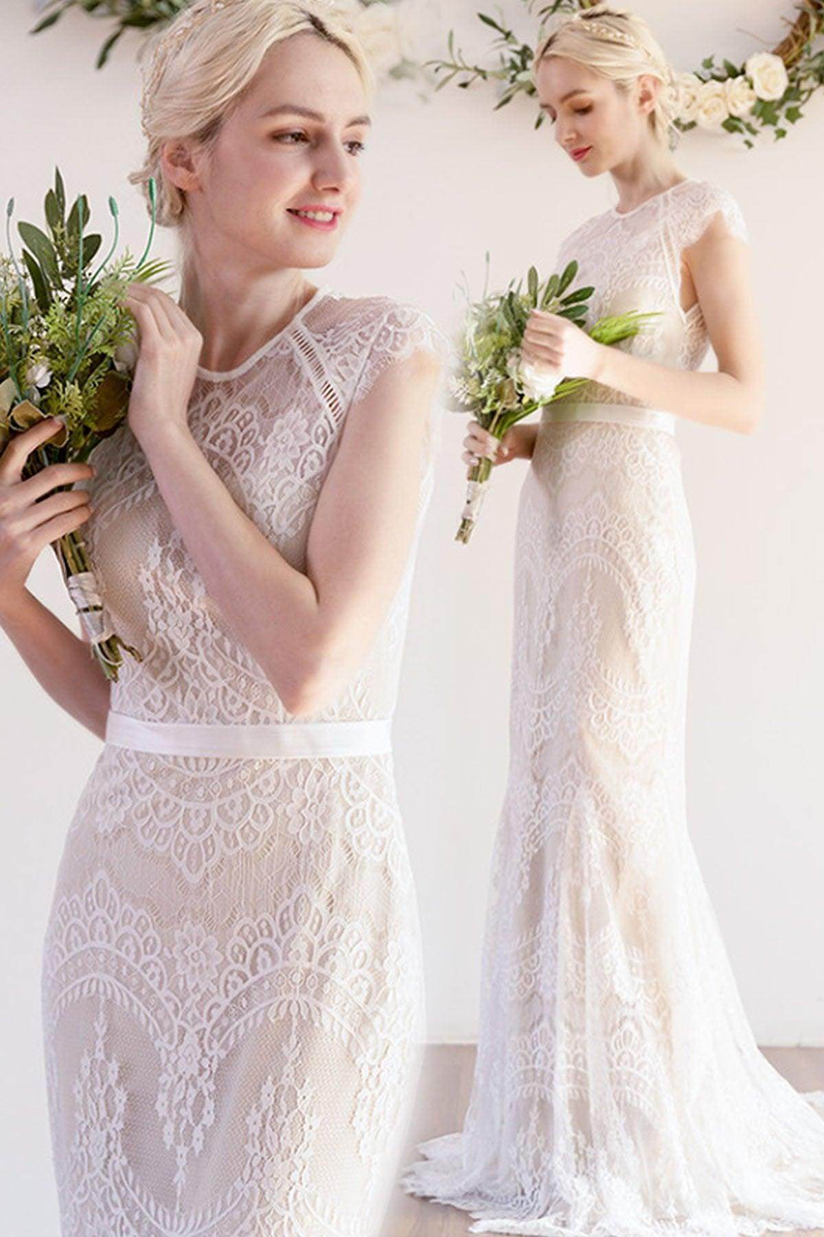 Trumpet-Mermaid Sweep-Brush Train Lace Wedding Dress CW3041 - COCOMELODY